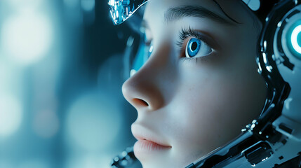 Close-up of a young female's face, partially obscured by a futuristic helmet, gazing off into the distance. Cool blue tones dominate the image, creating a dreamy, sci-fi atmosphere.