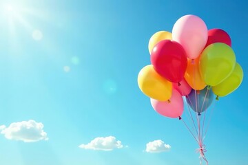 Colorful birthday balloons floating against a bright sky , blue, sky background