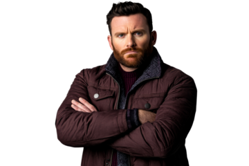 Serious bearded man with crossed arms, stern look, cut out transparent