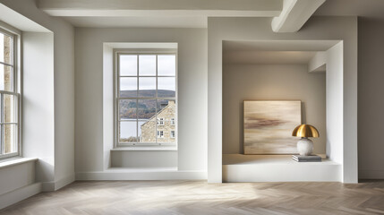 Calm interior view of a modern room with natural lighting and scenic backdrop