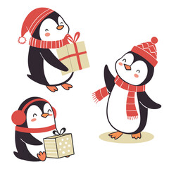 set of cute Christmas penguins isolated on white background