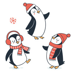 set of cute Christmas penguins isolated on white background