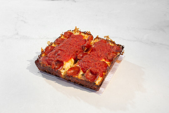 A view of a personal pepperoni Detroit style pizza.