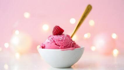 A tantalizing scoop of vibrant raspberry ice cream, adorned with a fresh raspberry, presented in an elegant bowl with a golden spoon. An artful composition, inviting indulgence.