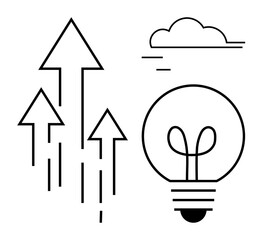 Outline of light bulb symbolizing ideas, creativity, and growth. Upward arrows reflect progress, success, and aspiration. Cloud adds minimalism. Ideal for business, innovation strategy technology