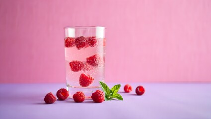 Refreshing raspberry drink with ice and mint in a tall glass against a pink background.