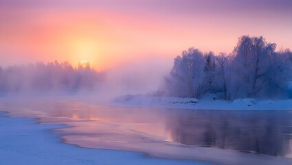 A mesmerizing winter landscape is bathed in the soft glow of dawn. Captured in a realistic style, this landscape is complete with snow, a body of water and trees. 