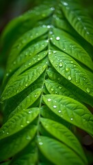 Close-up view of vibrant green leaves adorned with glistening dewdrops, showcasing the intricate details of nature's artistry.