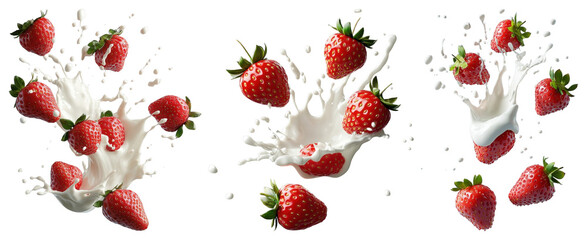 PNG Fresh strawberries splashing milk, element set on transparent background
