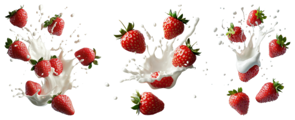 PNG Fresh strawberries splashing milk, element set on transparent background