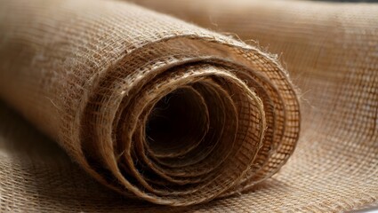 A tightly rolled coil of textured burlap, its raw, natural fibers hinting at rustic charm, waiting to be unfolded.
