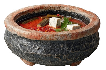 Fototapeta premium A rustic stone pot filled with vibrant red soup, garnished with green herbs and tofu, set against a neutral background, evoking a warm, home-cooked meal atmosphere