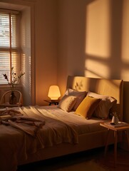 The soft glow of a late afternoon sun bathes the interior of a bedroom. Shadows play, highlighting the warm textures of the bed, the light and the tranquil ambiance. 