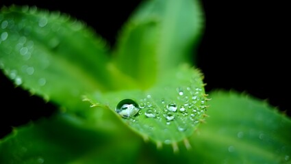 Close-up shot of a dewdrop on a vibrant green leaf, showcasing the intricate details of nature's beauty.