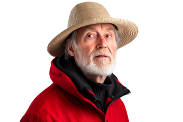 Mature man with beard wearing red coat and hat, cut out transparent
