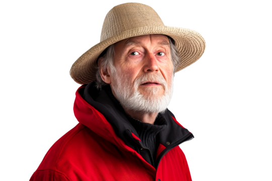 Mature man with beard wearing red coat and hat, cut out transparent