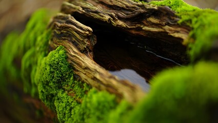 A close-up view of a weathered log, its surface textured with the lush, vibrant green of moss, hints at a secret life within the forest, with a hint of mystery and intrigue.