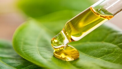 A single drop of golden essential oil falls from a dropper onto a fresh green leaf, evoking a sense of natural wellness and purity.