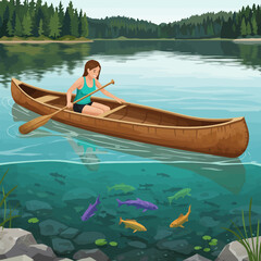 Woman Canoeing on a Lake with Fish Swimming Below the Boat