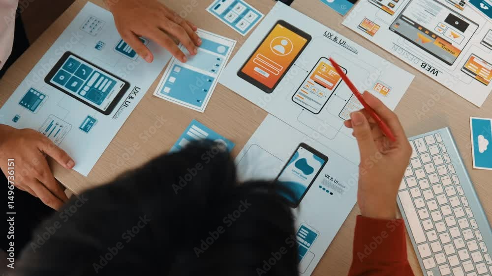 Poster top view panorama video of startup company employee planning on user interface prototype for mobile 