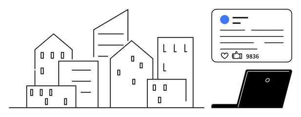 Skyscrapers and buildings beside a laptop featuring social media engagement stats, highlighting online and urban connectivity. Ideal for technology, architecture, communication, innovation