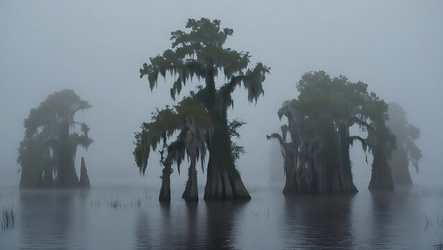 misty foogy trees morning in the lake