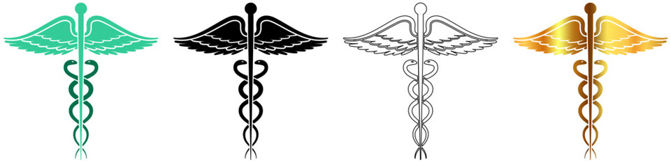 Hermes rod with gold line icon vector for medical, mythical, and pharmacy emblem visuals. Ideal for health services, logos, and traditional wellness-themed branding projects.