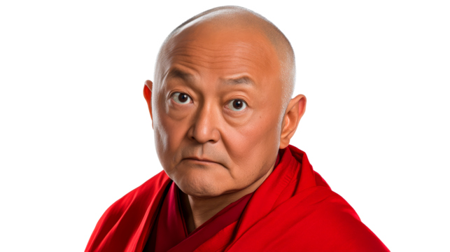 Serious Asian Man with Bald Head and Red Robe, cut out transparent
