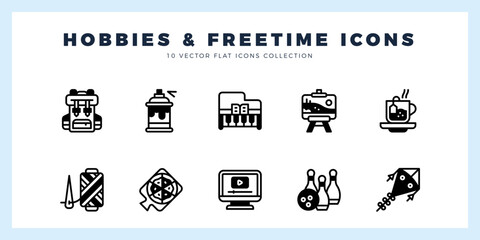 10 Hobbies and Freetime Lineal Fill icons pack. vector illustration.