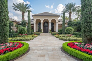 Fototapeta premium elegant home entrance framed by symmetrical flower beds and shrubs