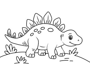 dinosaur with an egg against a landscape background. Black and white line drawing. Isolated on a white background. For children's design of coloring books, prints, posters, cards, stickers,