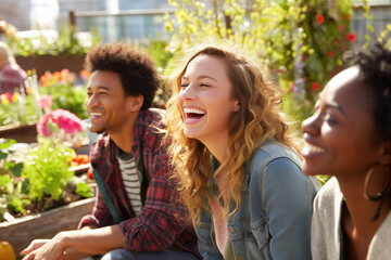 Naklejka premium Diverse Young Adults Laughing Urban Garden Sunny Outdoors Happy Friends Multicultural Together Positive