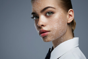 Young Businesswoman Portrait With Technology Digital Data Stream Overlay Future Concept AI Cyber Network