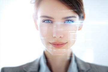 Young Business Woman Future Technology Digital Data Overlay Facial Recognition Identity Security AI Concept