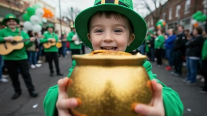 Cheerful child wearing a leprechaun hat holding a pot of gold during a festive celebration