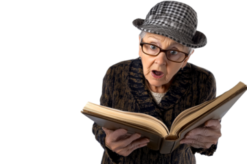 Elderly woman reading with surprised expression, cut out transparent