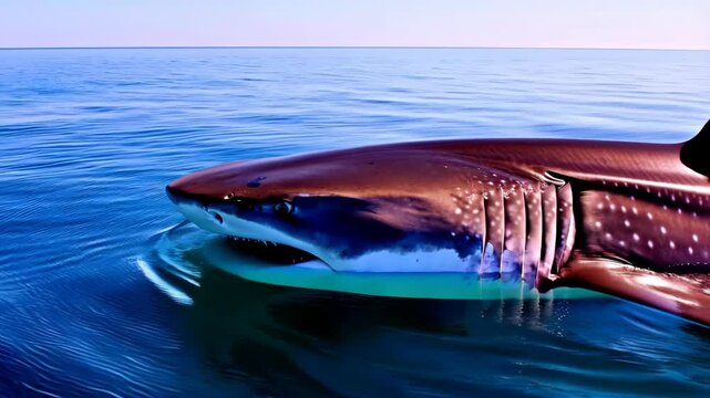 Encountering an enormous aquatic predator cruising at the ocean's surface, showcasing its dark fin, gills, teeth, and dotted skin in crystal blue water.