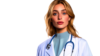 Blonde woman doctor with stethoscope, health professional, cut out transparent