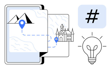 Smartphone screen with map, location pin, mountains, castle illustration, metadata tag, and lightbulb. Ideal for travel, creativity, innovation digital strategy social media apps simple landing