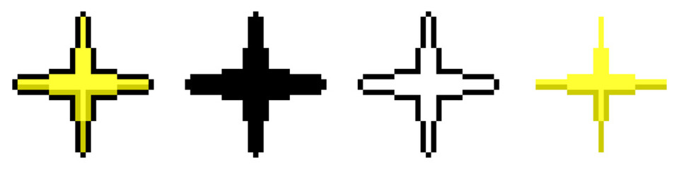 Pixel light spark icon vector for glow, shine, and magical burst in retro game visuals. Ideal for pixel UI feedback, star icons, and dynamic retro lighting effects in digital designs.