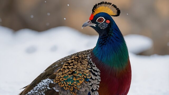 A Himalayan Monal in snow-dusted mountain terrain,