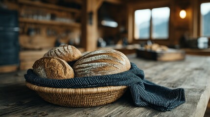 Obraz premium Freshly baked loaves of bread in a woven basket.