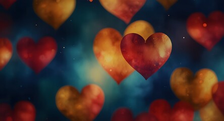 Obraz premium A tapestry of glowing watercolor hearts in shades of red, gold, and blue floats against a dark background, evoking warmth. 