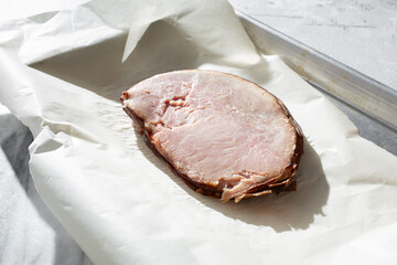 A view of a stack of Black Forest ham slices.