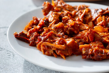 A closeup view of jackfruit taco meat.