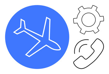 Airplane inside blue circle, outlined phone and gear symbols represent travel, communication, and technical functions. Ideal for business, logistics, travel, support, aviation planning simple