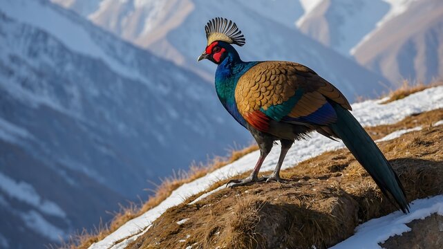 A Himalayan Monal in snow-dusted mountain terrain,