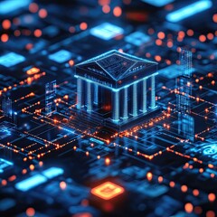 Financial technology (FinTech) innovation shown with digital banking apps, cryptocurrency solutions, blockchain-based payment systems, peer-to-peer lending platforms, and transforming 