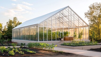 Fototapeta premium Modern greenhouse showcases sustainable gardening practices in a lush outdoor setting during golden hour