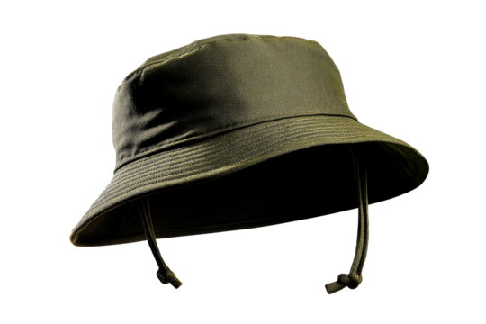 Olive bucket hat with adjustable chin strap, cut out transparent